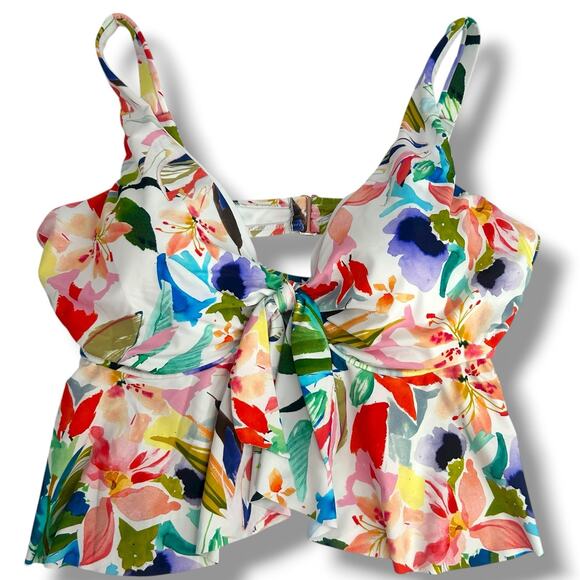 NEW Raisins Curve White Floral Tankini Swim Top Size 20W Flyaway Ruffle crop - Picture 1 of 10